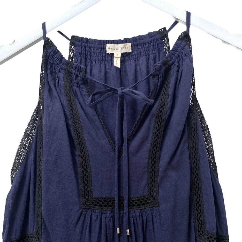 REBECCA TAYLOR Sundress Size 6 Navy Blue Midi Dress Tiered Boho Crochet Flowy - Picture 3 of 11